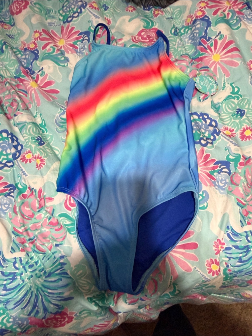 Blue One-Piece Swimsuit with Rainbow Stripe